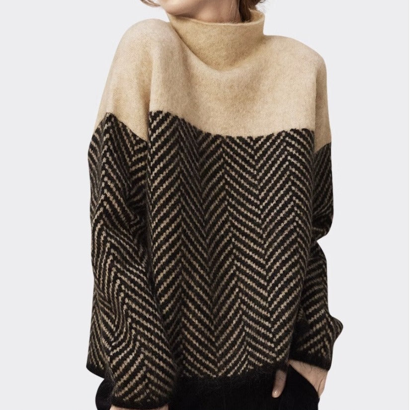 pullover knitted sweater high collar loose versatile striped lazy style thickened sweater for women