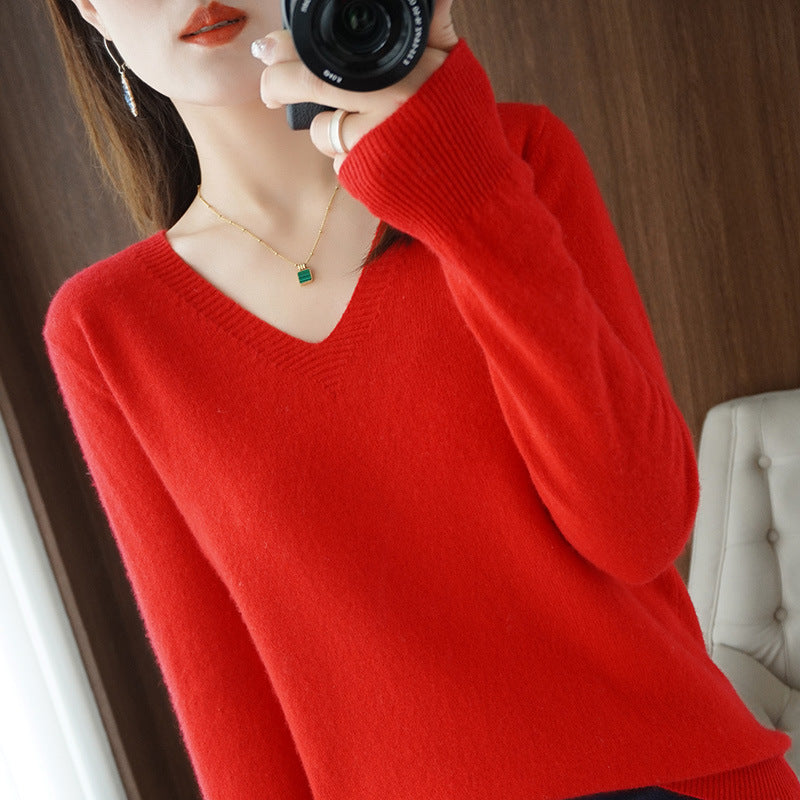 Autumn and winter V-neck sweater women Douyin hot-selling wool pullover sweater spring and autumn solid color bottoming sweater