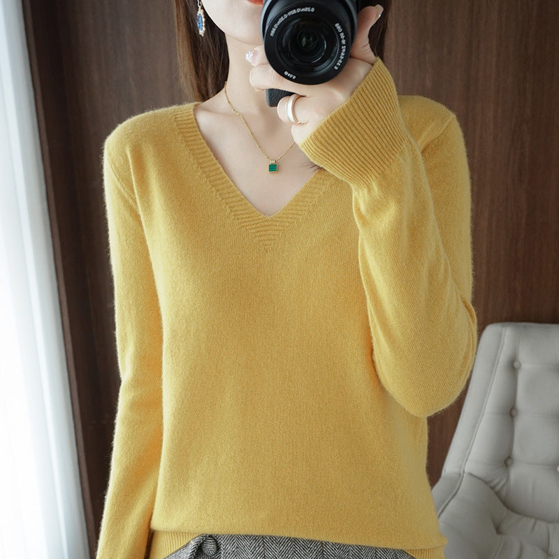 Autumn and winter V-neck sweater women Douyin hot-selling wool pullover sweater spring and autumn solid color bottoming sweater