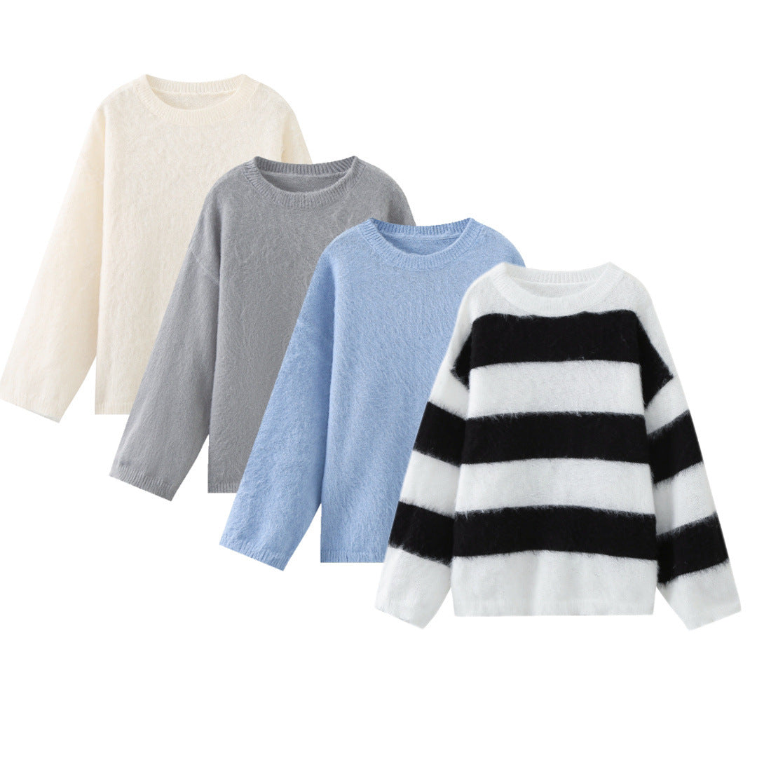 Cross-border autumn and winter new loose casual striped long sleeves contrasting round neck