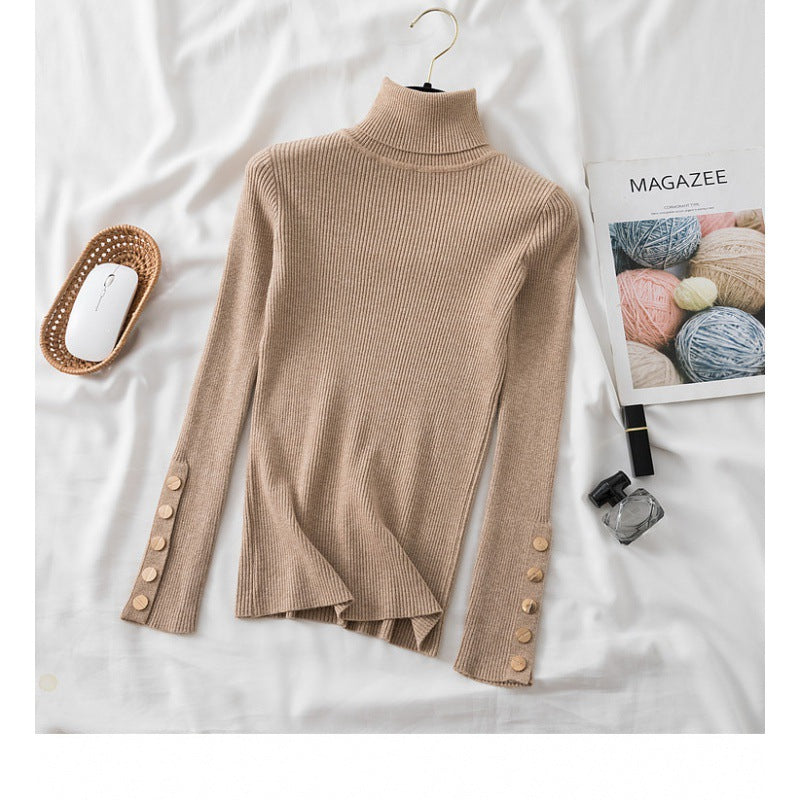 autumn and winter new style turtleneck pullover sweater women's inner tight button long-sleeved knitted bottoming shirt top