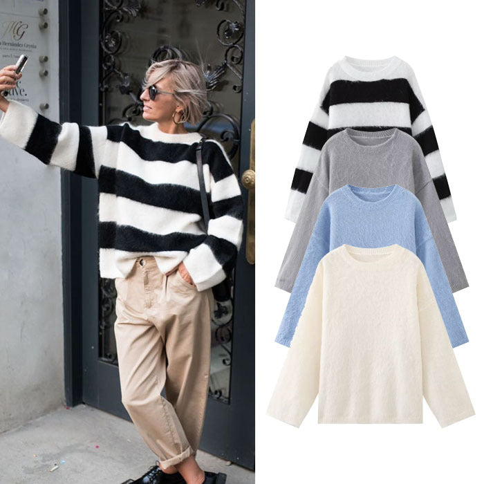 Cross-border autumn and winter new loose casual striped long sleeves contrasting round neck