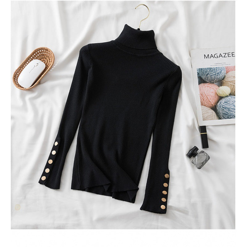 autumn and winter new style turtleneck pullover sweater women's inner tight button long-sleeved knitted bottoming shirt top