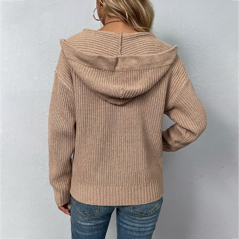 Drizzle Solid Color Hooded Zipper Knitwear Autumn and Winter New Drawstring Pocket Sweater Women's Cardigan Jacket