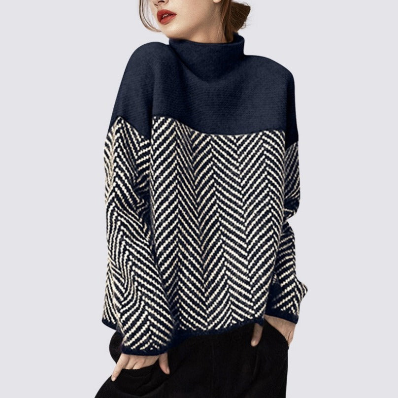 pullover knitted sweater high collar loose versatile striped lazy style thickened sweater for women