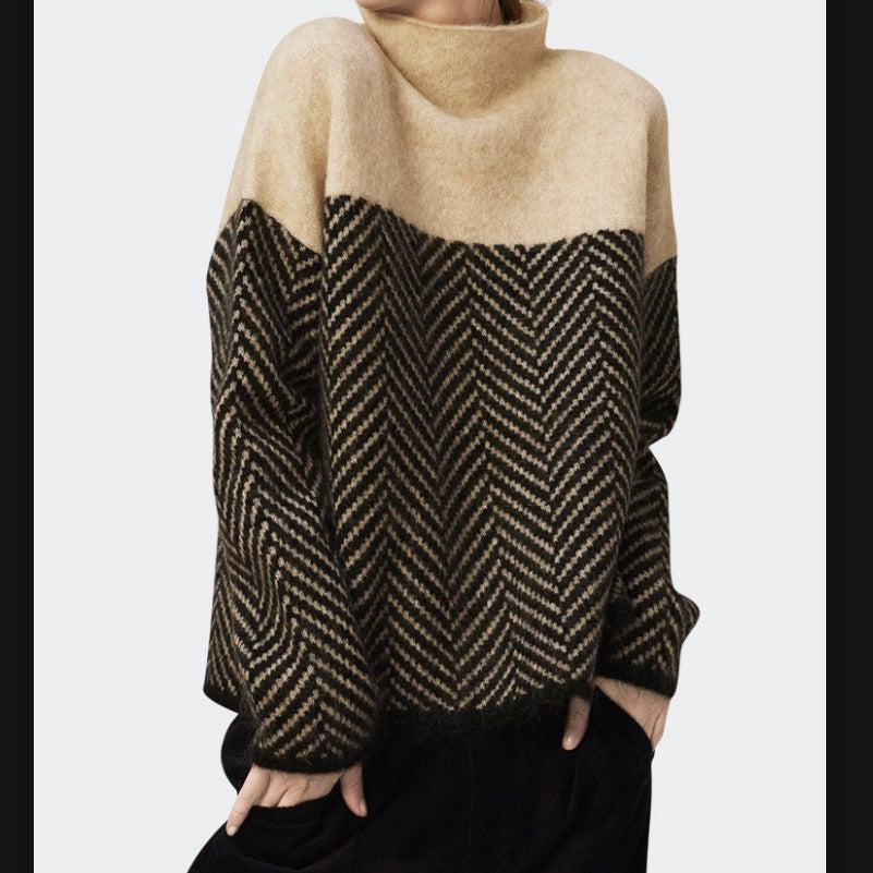 pullover knitted sweater high collar loose versatile striped lazy style thickened sweater for women