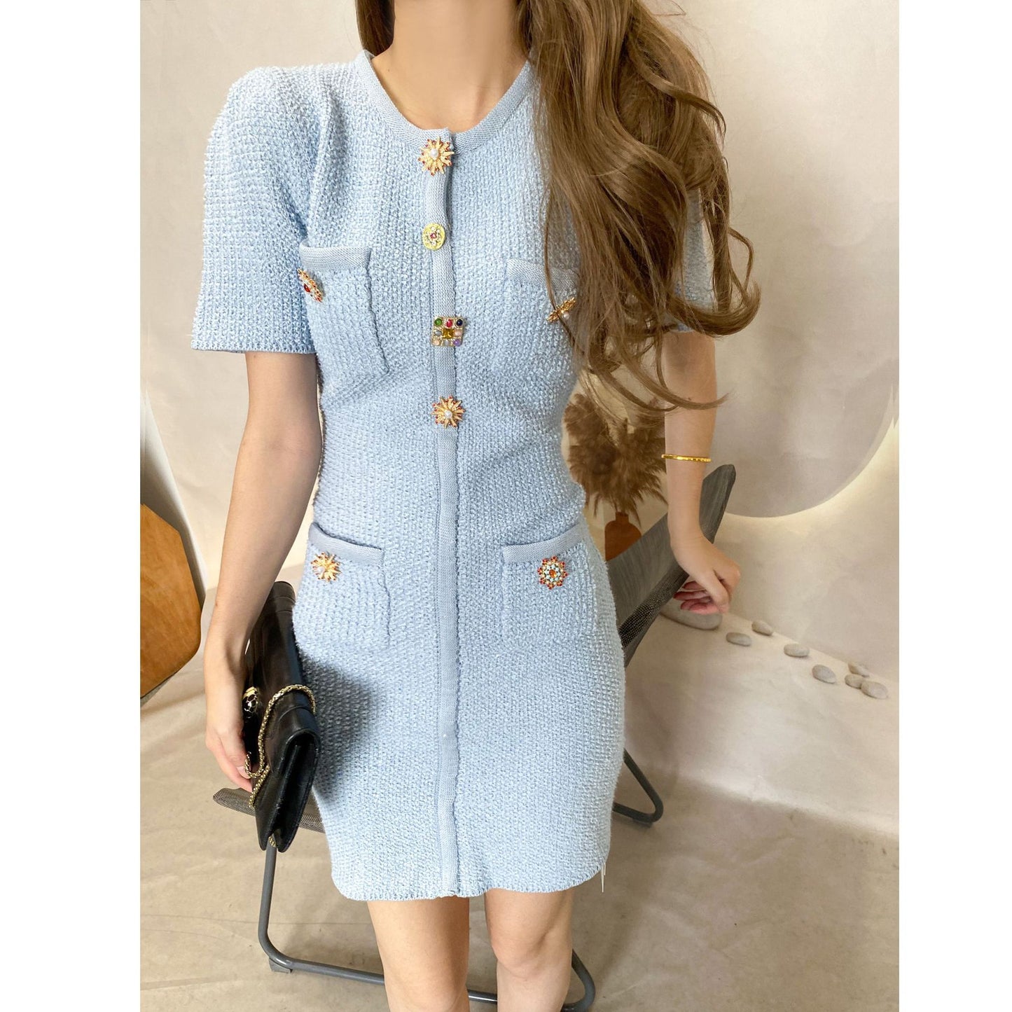 Knitted Short Sleeve Waist-controlled Dress