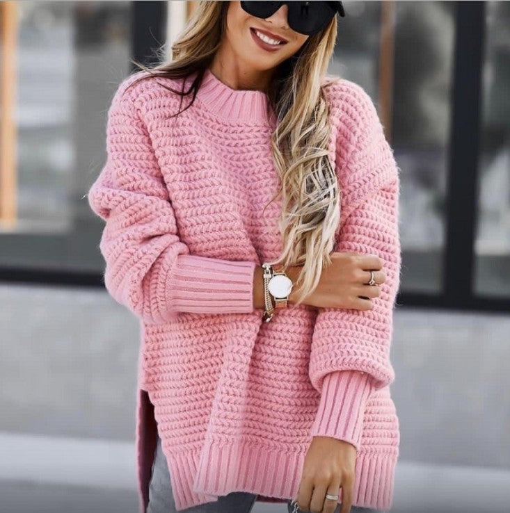 autumn and winter new cross-border half high neck loose solid color long-sleeved thick needle side slit knitted sweater women