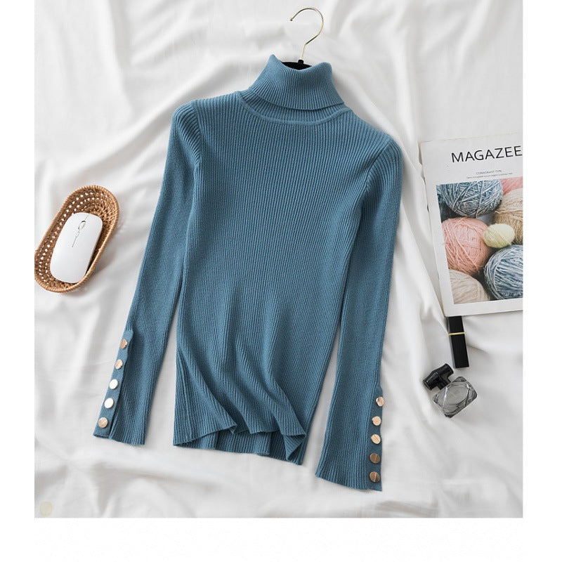 autumn and winter new style turtleneck pullover sweater women's inner tight button long-sleeved knitted bottoming shirt top