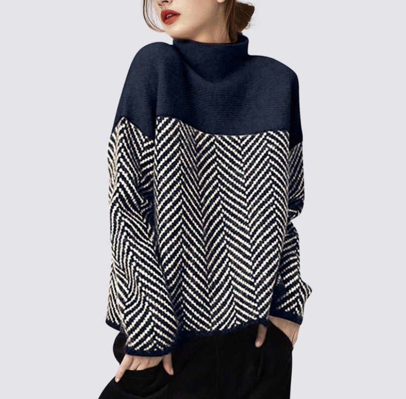 pullover knitted sweater high collar loose versatile striped lazy style thickened sweater for women