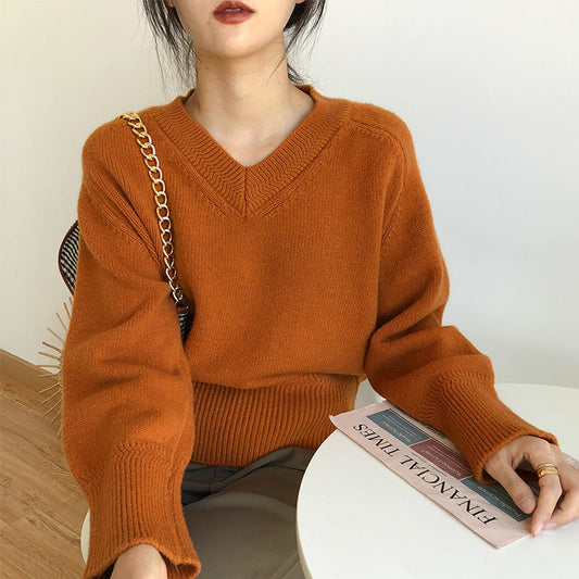 V-neck sweater women's new autumn and winter  style lazy style retro design sweater top for outer wear