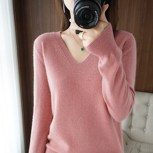 Autumn and winter V-neck sweater women Douyin hot-selling wool pullover sweater spring and autumn solid color bottoming sweater