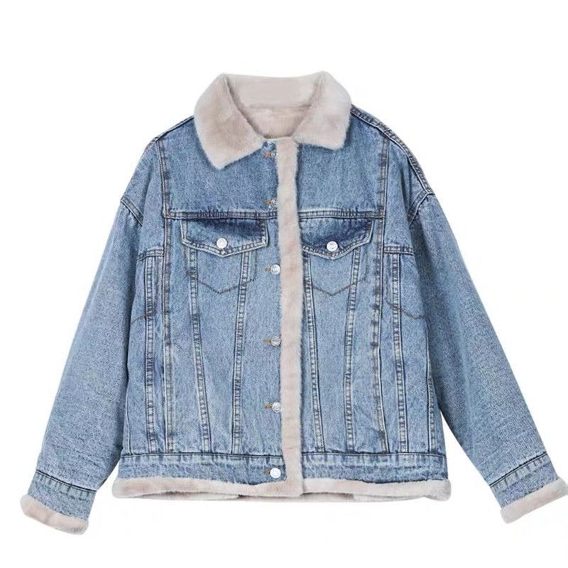 Winter Fleece-lined Thickening Denim Jacket Women's-Style Loose Lambswool Casual All-Matching Reversible Cotton-Padded Coat Fashion