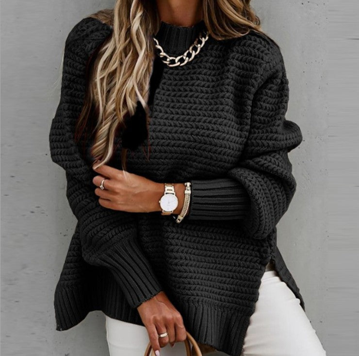 autumn and winter new cross-border half high neck loose solid color long-sleeved thick needle side slit knitted sweater women