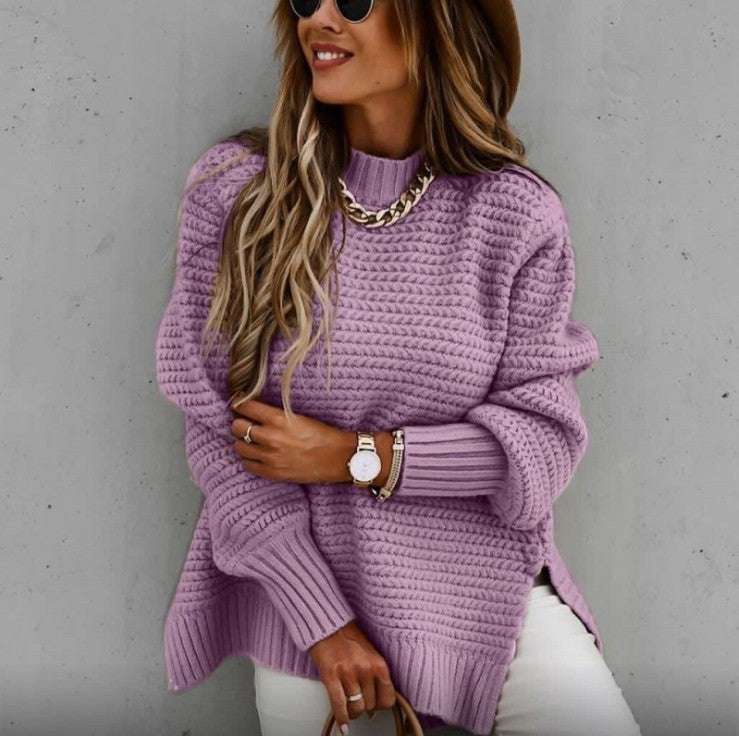 autumn and winter new cross-border half high neck loose solid color long-sleeved thick needle side slit knitted sweater women