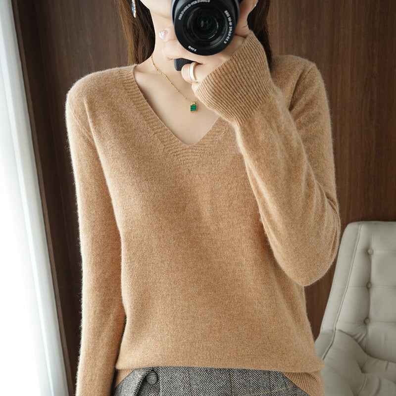 Autumn and winter V-neck sweater women Douyin hot-selling wool pullover sweater spring and autumn solid color bottoming sweater