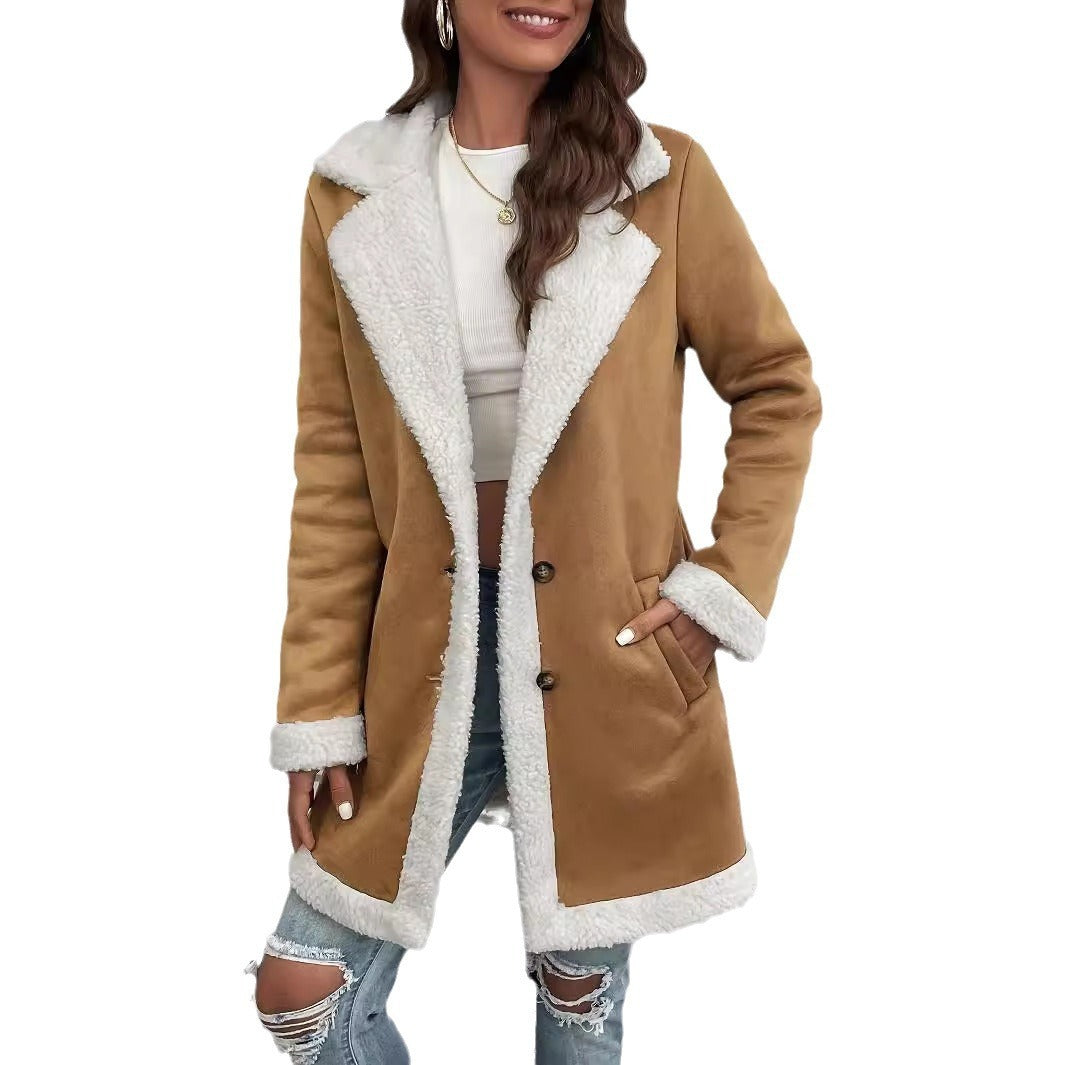 Women's Long-sleeved Lapel Deerskin Velvet Thick Woolen Coat