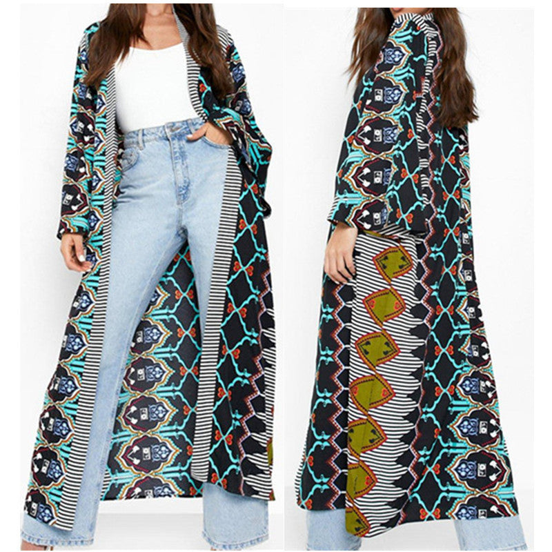 Geometric Pattern Printed Long Coat Pajamas Haori Cape Cardigan