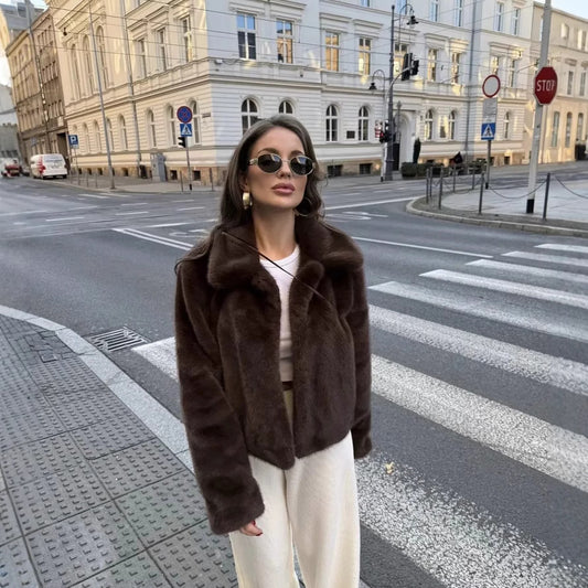 Women's Brown Fluffy Faux Fur Jacket