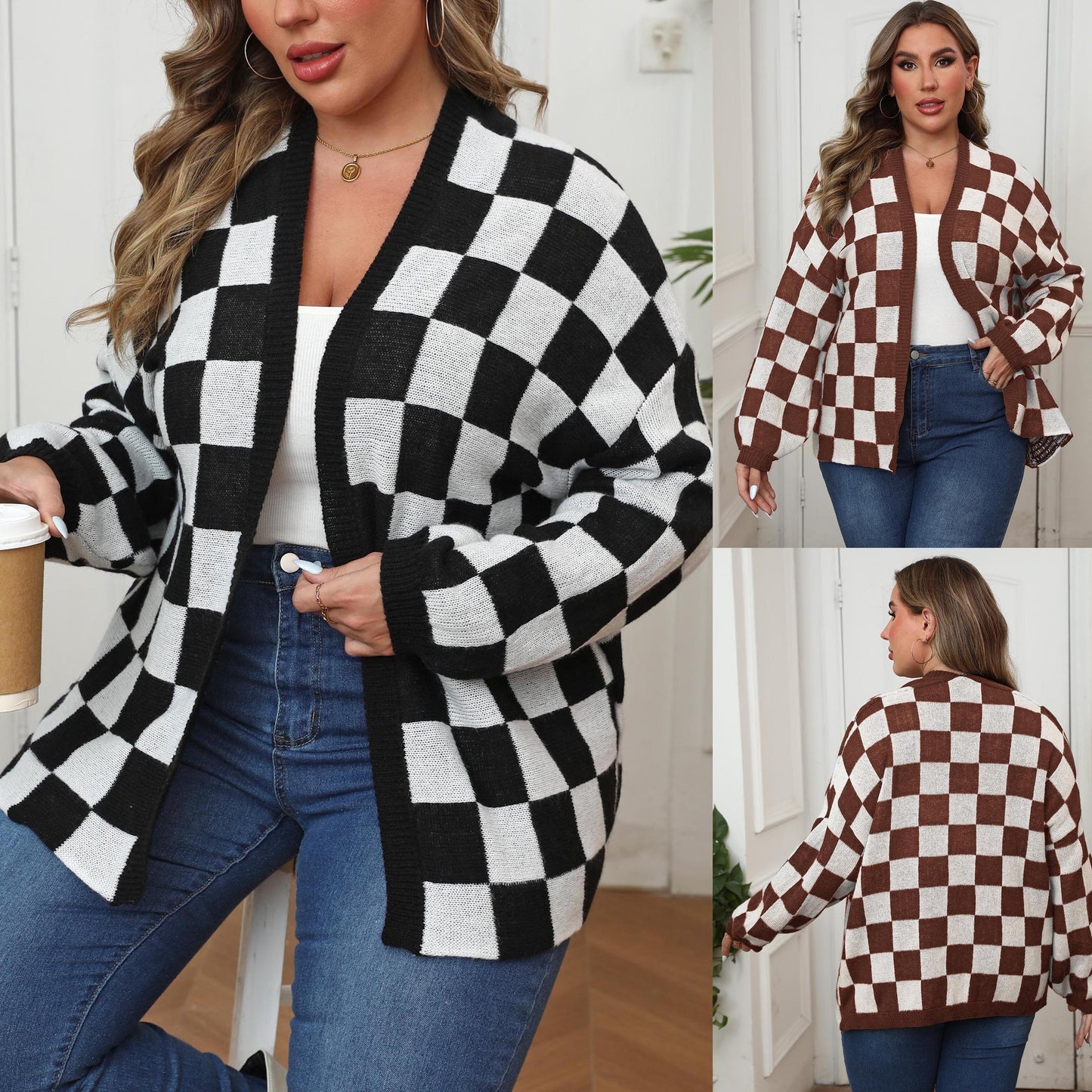 Contrast Patchwork Chessboard Plaid Loose Casual Sweater Coat