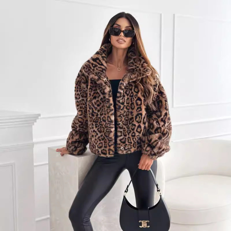 Fashion Personality New Autumn And Winter Fur Leopard Print Lapel Short Coat