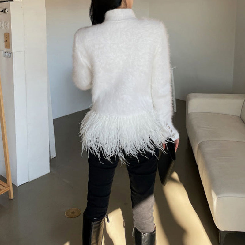 Lapel Long Sleeve Slim Double Breasted Tassel Coat Women