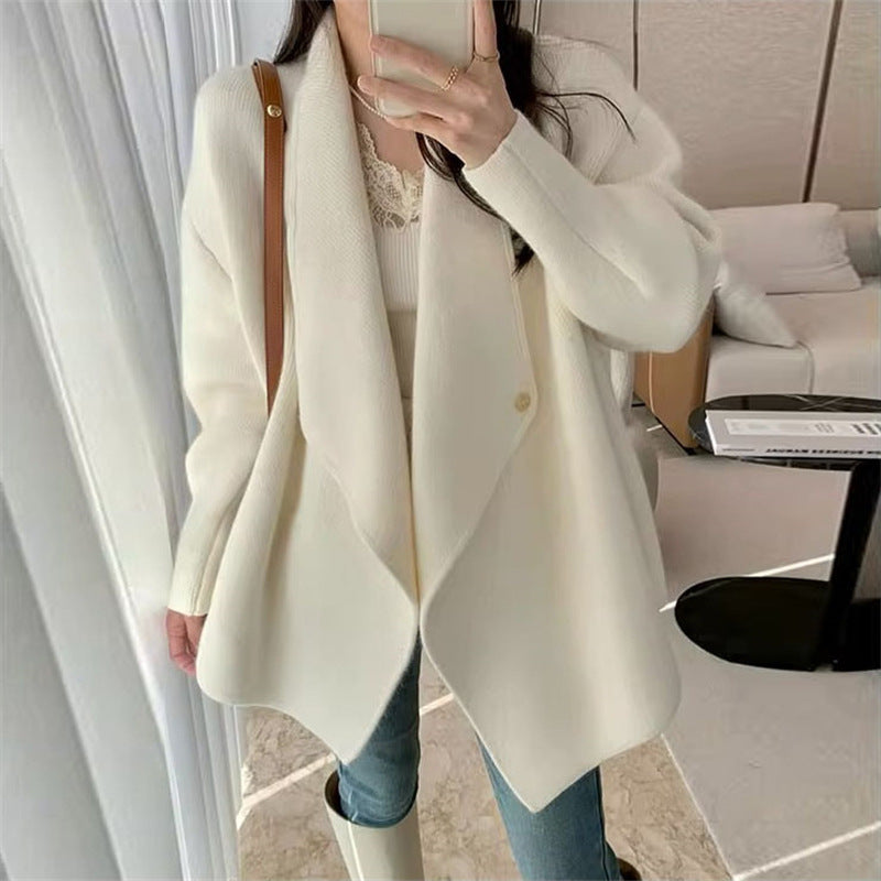 Korean Style Lapel Simple Style Mid-length Knitted Cardigan