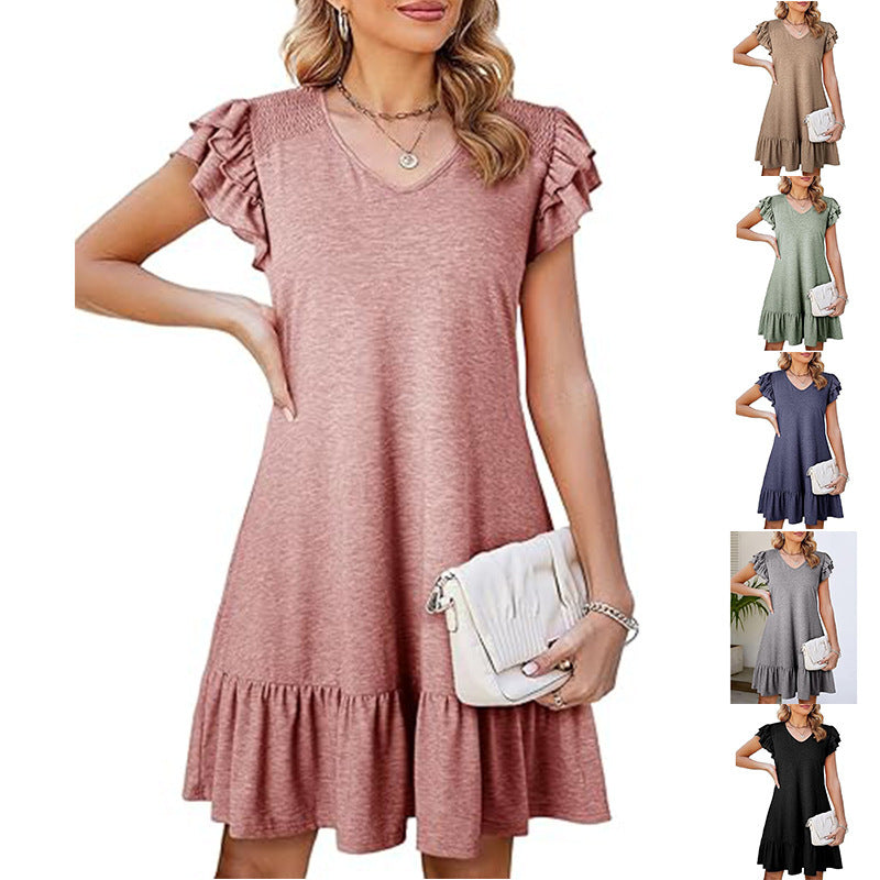 Women's V-neck Ruffle Loose Waist Short Sleeve Dress