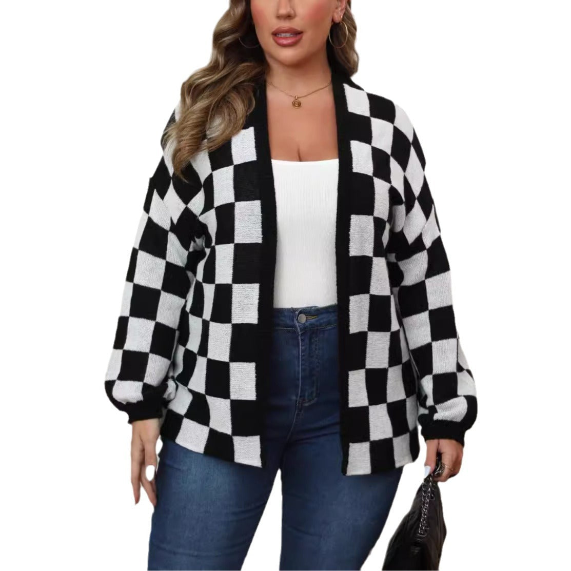 Contrast Patchwork Chessboard Plaid Loose Casual Sweater Coat