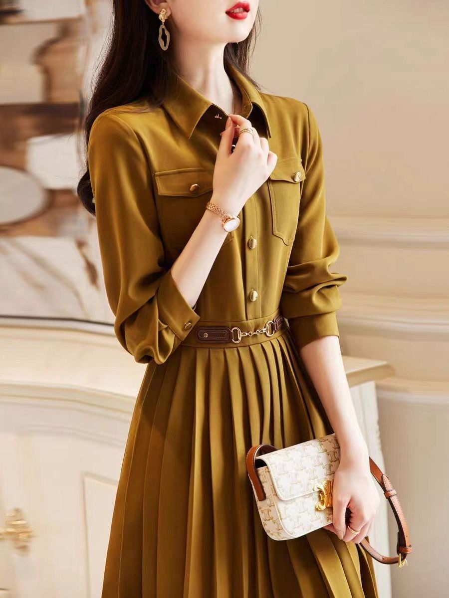 Lapel Loose Long Sleeve Simple Elegant Dress