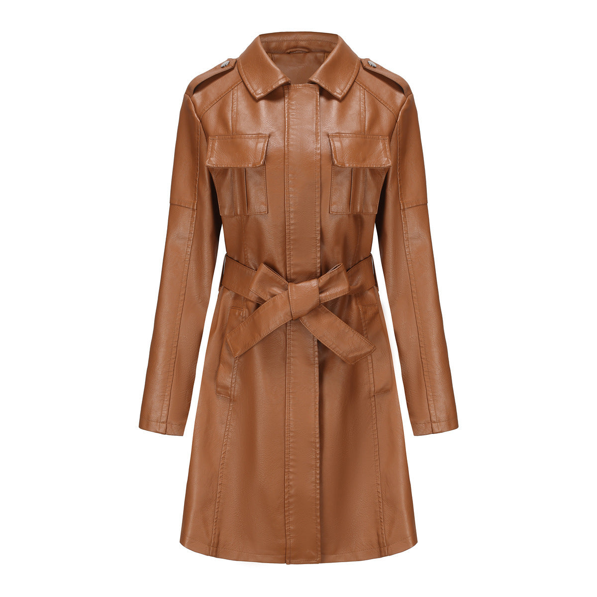 New European And American-style Mid-length Leather Coat With Belt Fashion British Coat For Women