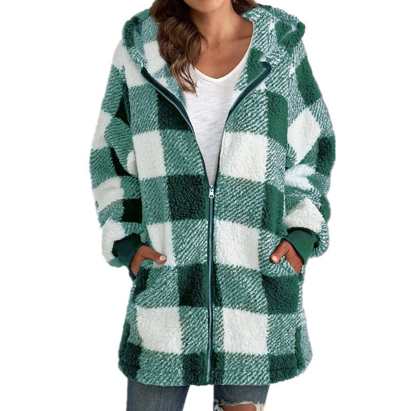 European Velvet Women's Long-sleeved Plaid Hooded Zipper With Pockets Baggy Coat