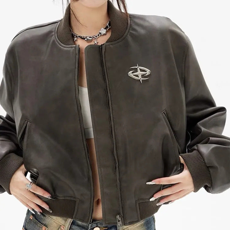 Retro Brown Short Motorcycle Small Leather Coat Pu Jacket Baseball Uniform Baggy Coat Women