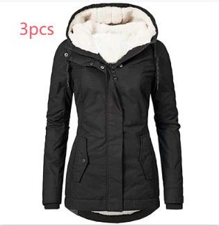 Solid Color Pocket Long-sleeve Zipper Fleece Padded Coat Women