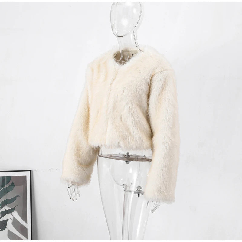 Women's Round Neck Long Sleeve Faux Fur Coat