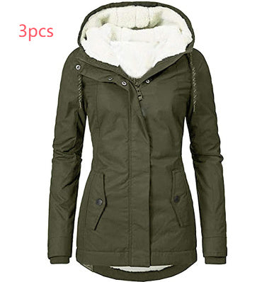 Solid Color Pocket Long-sleeve Zipper Fleece Padded Coat Women