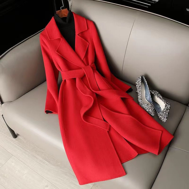 Mid-length Below The Knee Slim Fit Lace-up Woolen Coat High-end Woolen Coat