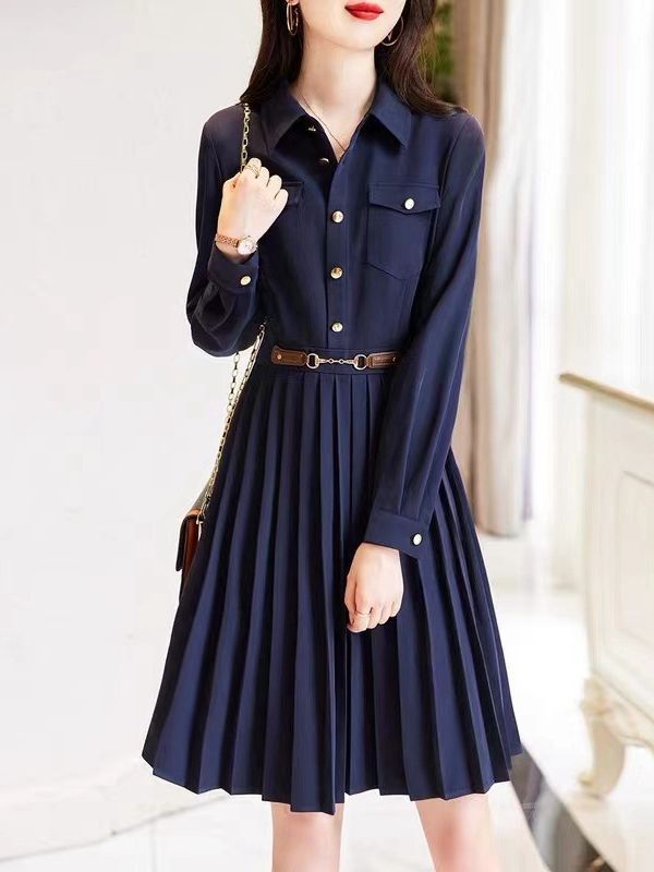 Lapel Loose Long Sleeve Simple Elegant Dress