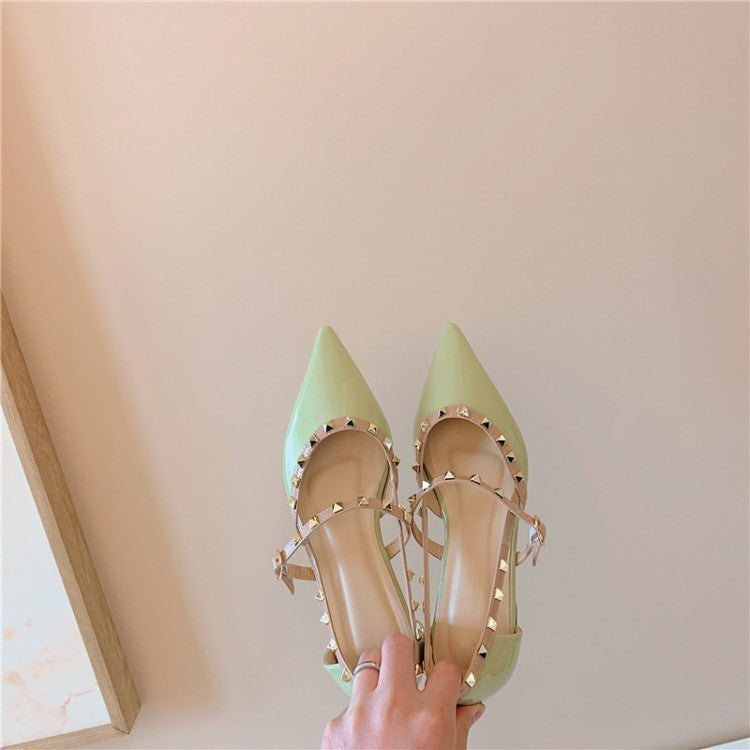 Baotou Sandals Female Fairy Fashion Rivets Summer New Flat Patent Leather Back Empty Single Shoes Green