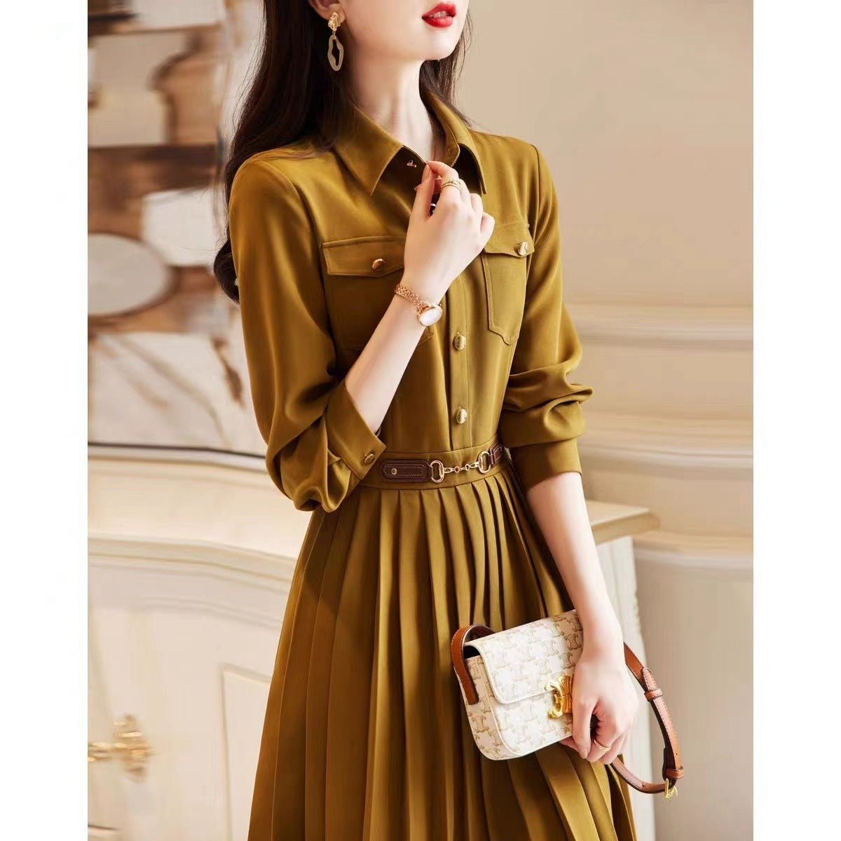 Lapel Loose Long Sleeve Simple Elegant Dress