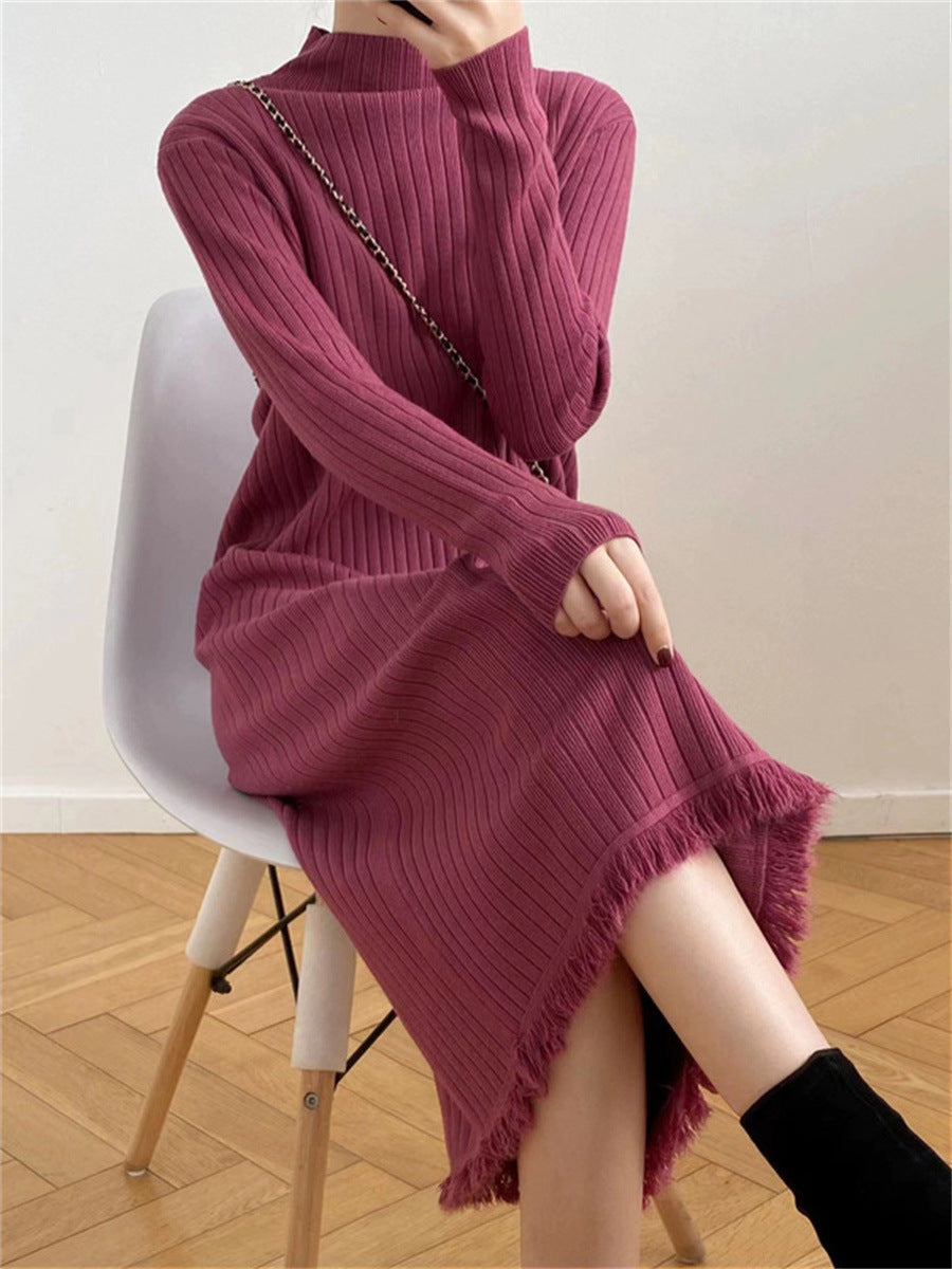 Mock Neck Sweater Women's Mid-length Below-the-knee Coat Base Ride Tassel Knitted