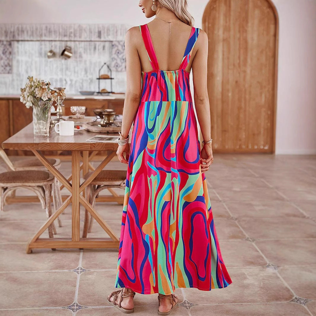 Printed Pattern Sling Pocket Stitching Dress