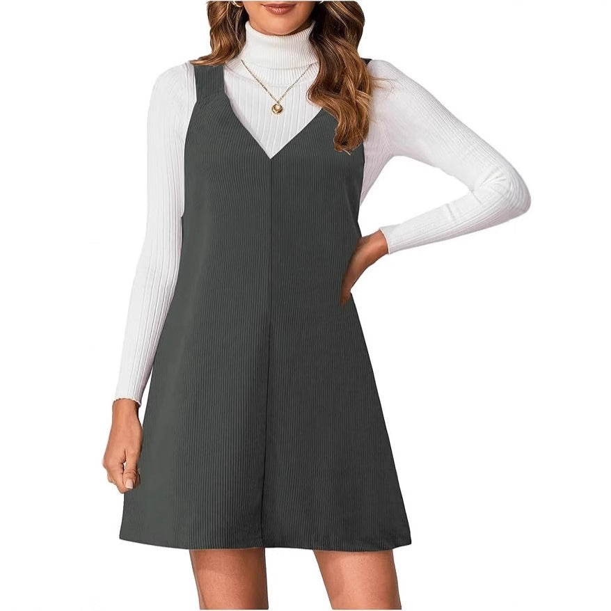 European And American Leisure Slimming V-neckline Solid Color Corduroy Suspender Skirt