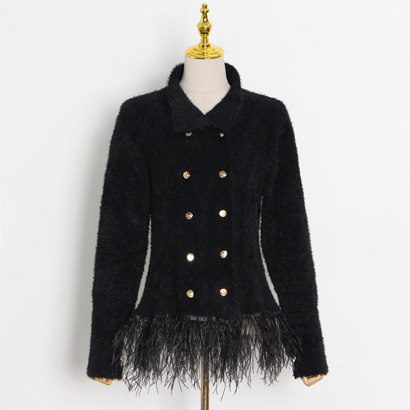 Lapel Long Sleeve Slim Double Breasted Tassel Coat Women