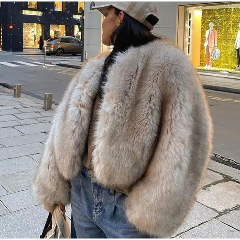 Women's Round Neck Long Sleeve Faux Fur Coat