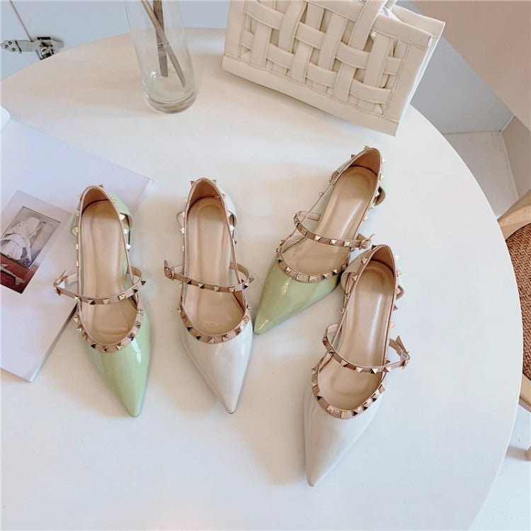 Baotou Sandals Female Fairy Fashion Rivets Summer New Flat Patent Leather Back Empty Single Shoes Green