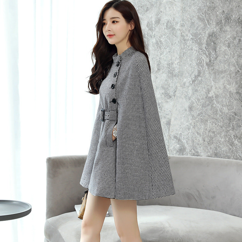 Design Wool Cape Lace-up Collar Coat
