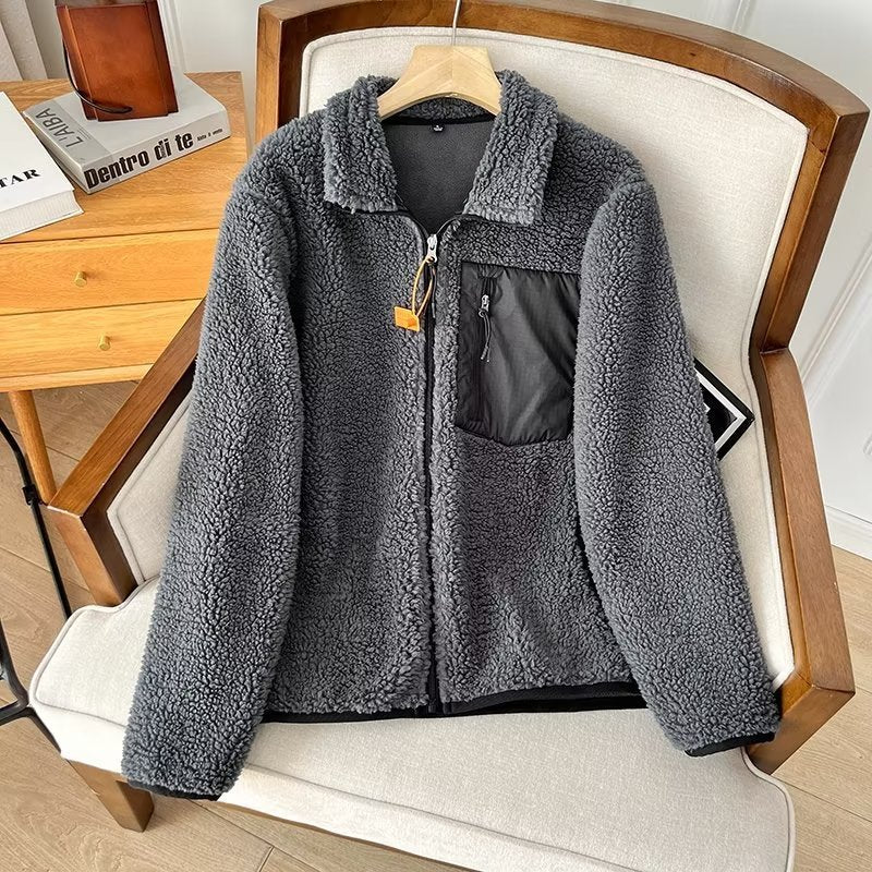 Couple's Autumn And Winter New Loose Zip Windproof Lamb Wool Coat For Women