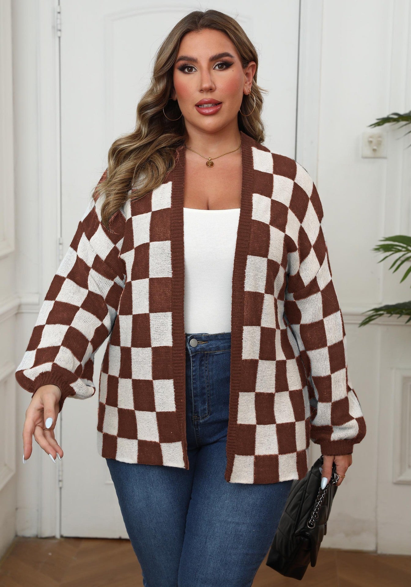 Contrast Patchwork Chessboard Plaid Loose Casual Sweater Coat