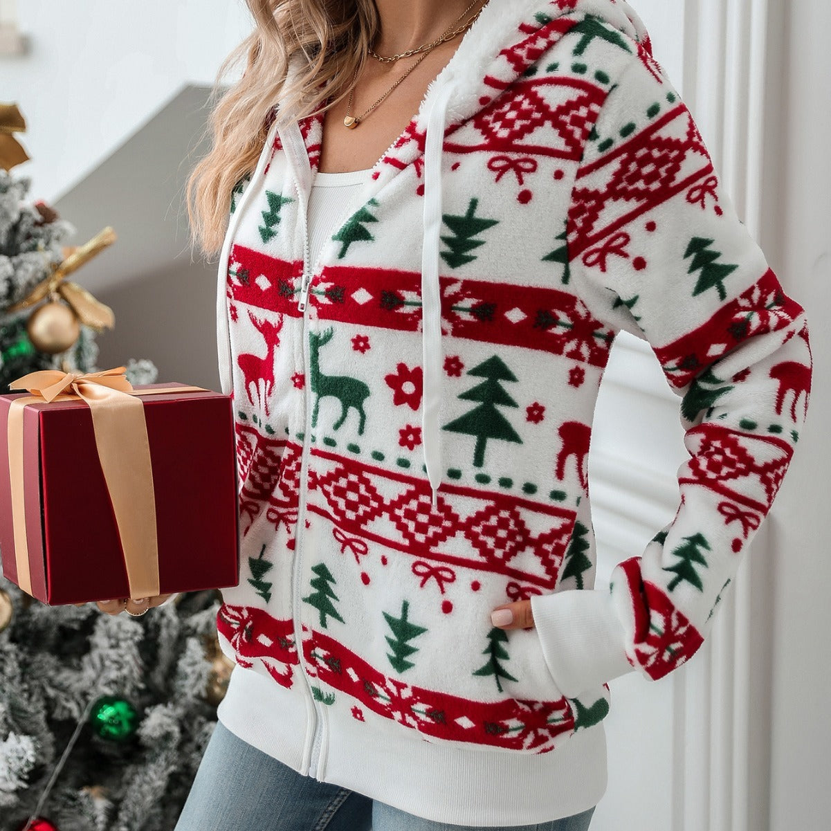 Long Sleeve Cardigan Christmas Printed Plush Coat